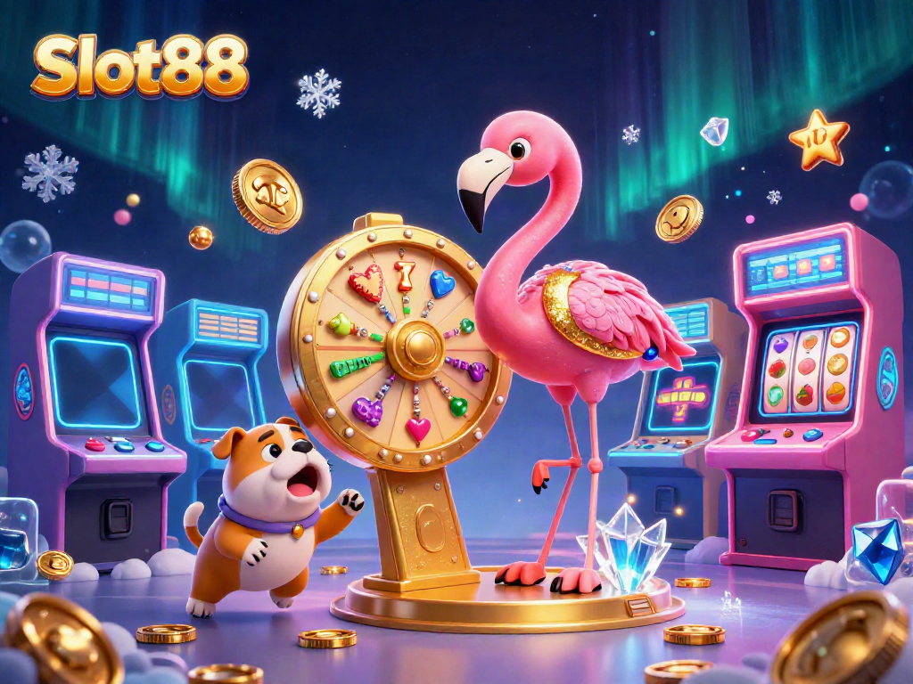 Slot88 menghadirkan keseruan dengan flamingo, bulldog, dan kucing dalam ilustrasi kasino 3D
