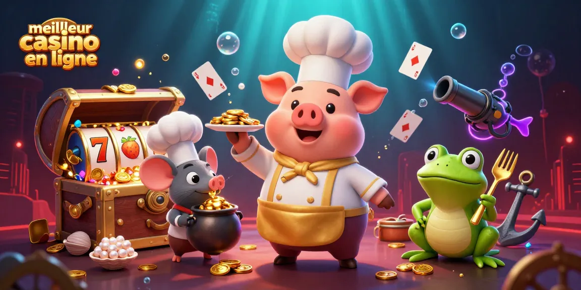 Jouez au meilleur casino en ligne et découvrez une scène animée avec un chef cartoon et des éléments ludiques.