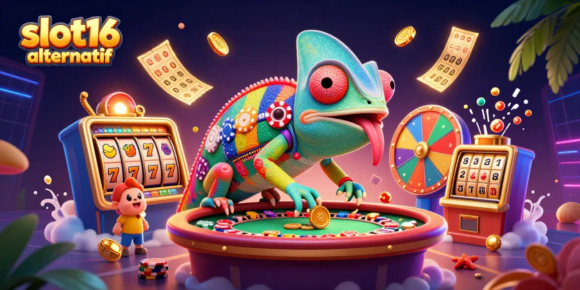 Engage with slot16 alternatif in a vibrant 3D casino scene featuring a colorful chameleon and dynamic gaming elements.