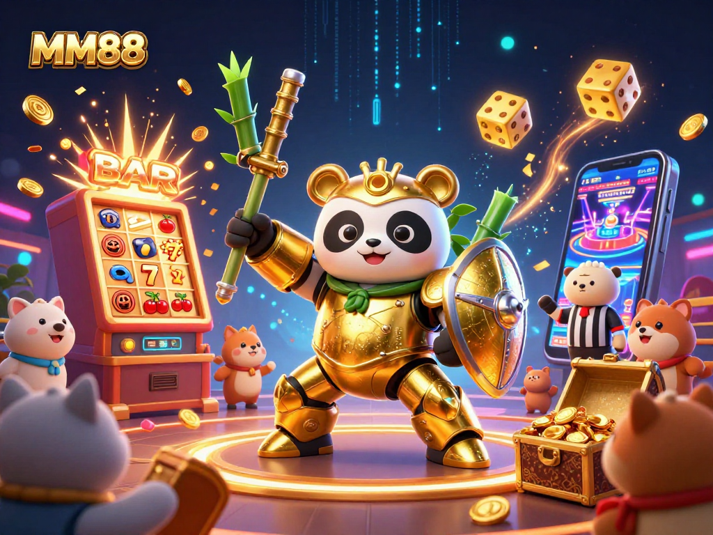 Experience MM88's thrilling casino atmosphere with the golden panda mech-suit amidst jackpot excitement.