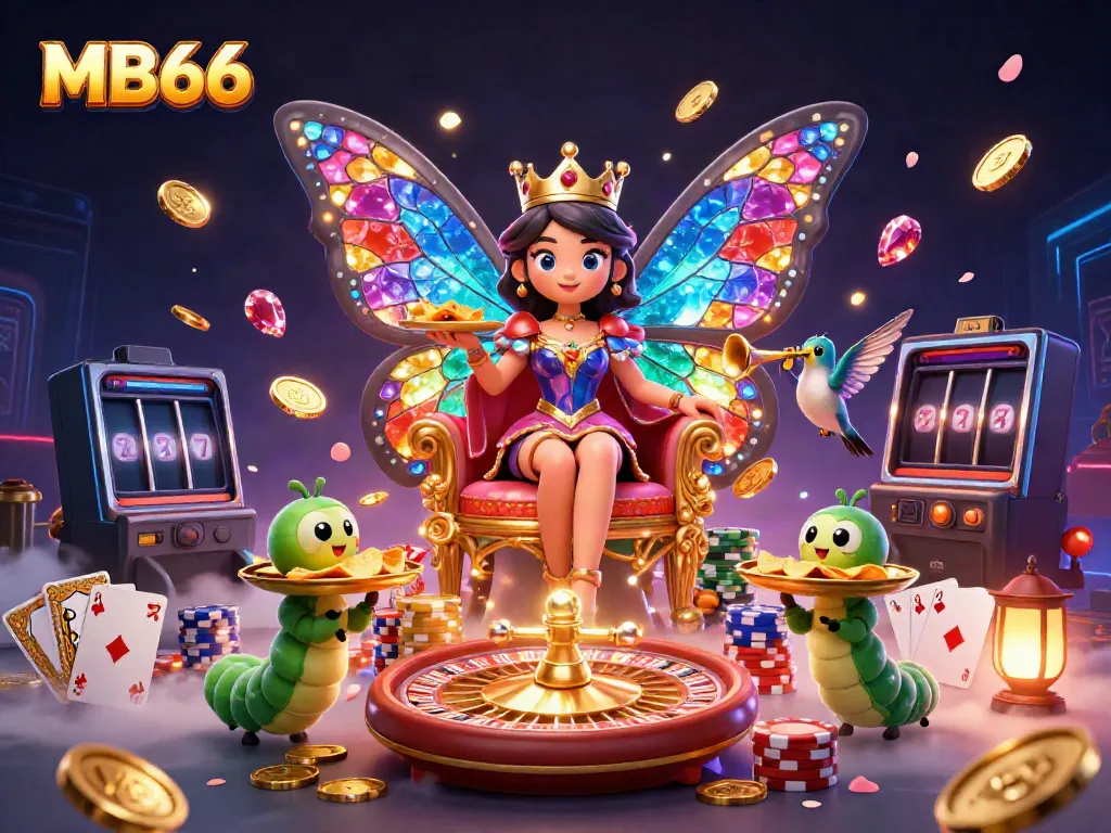 Experience thrilling moments at MB66 with a vibrant 3D casino scene featuring a butterfly queen and cascading treasures.