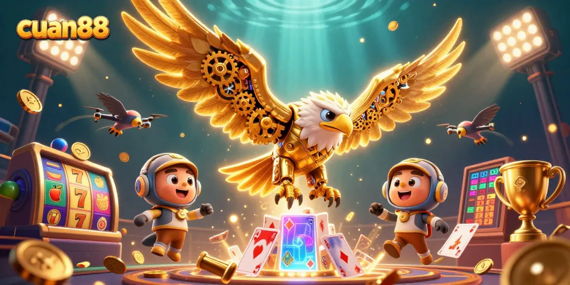 Permainan seru di cuan88 dengan slot dan jackpot, dikelilingi simbol keberuntungan.