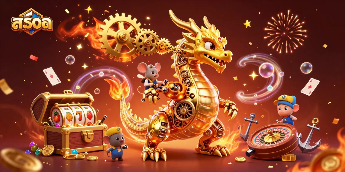 Experience thrilling สล็อต action with a golden dragon and coins in a vibrant casino scene.