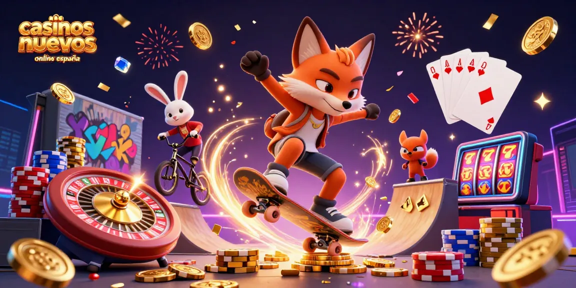 Ilustración de casinos nuevos online España con un zorro patinador y un conejo BMX en un ambiente festivo.