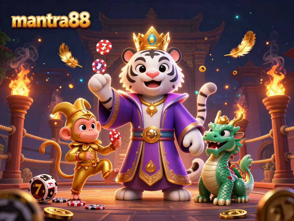 Join mantra88 and win big with a vibrant casino scene featuring a white tiger and a jester monkey!