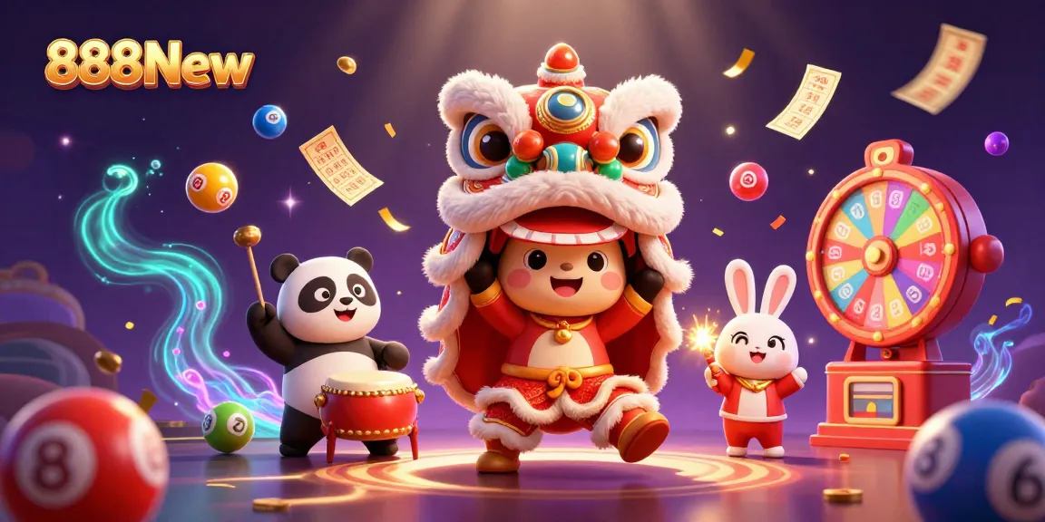 Experience the excitement of 888New with vibrant lottery elements and a festive dragon dance scene.