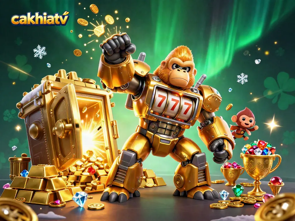 Cakhiatv showcases a vibrant scene with a golden gorilla mech and treasure elements illustrating online casino excitement.