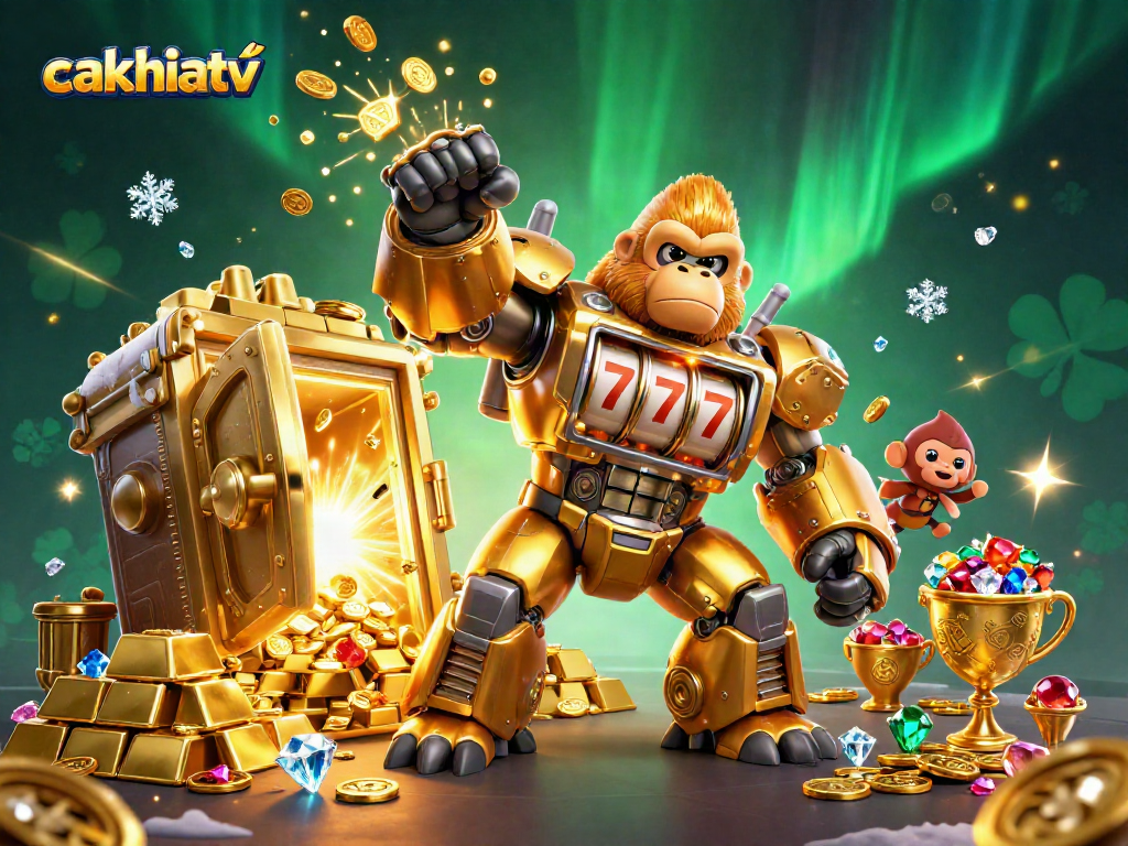 Cakhiatv showcases a vibrant scene with a golden gorilla mech and treasure elements illustrating online casino excitement.