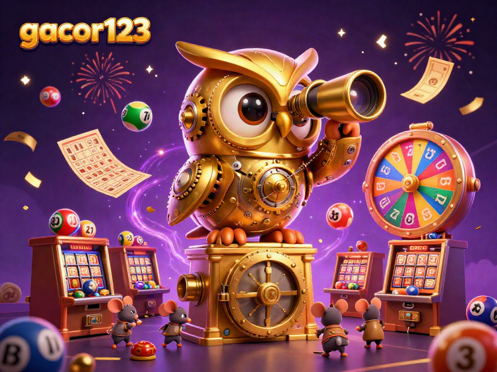 Experience the excitement of gacor123 as our golden owl watches over a bustling casino with colorful vibrant elements.