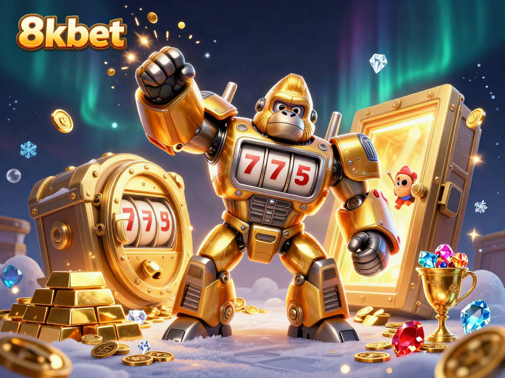 Engage in thrilling gaming with 8kbet, featuring a cartoon mech and alluring casino elements.