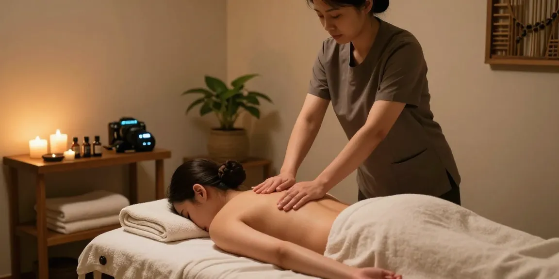 마사지 테라피를 받는 고객과 아로마 오일이 있는 편안한 분위기의 방