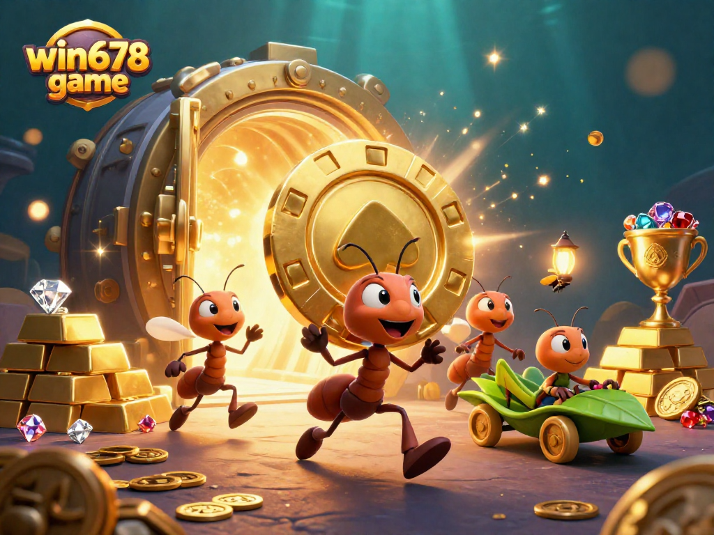 Experience excitement with win678 game, as cartoon ants plan a heist with golden poker chips.
