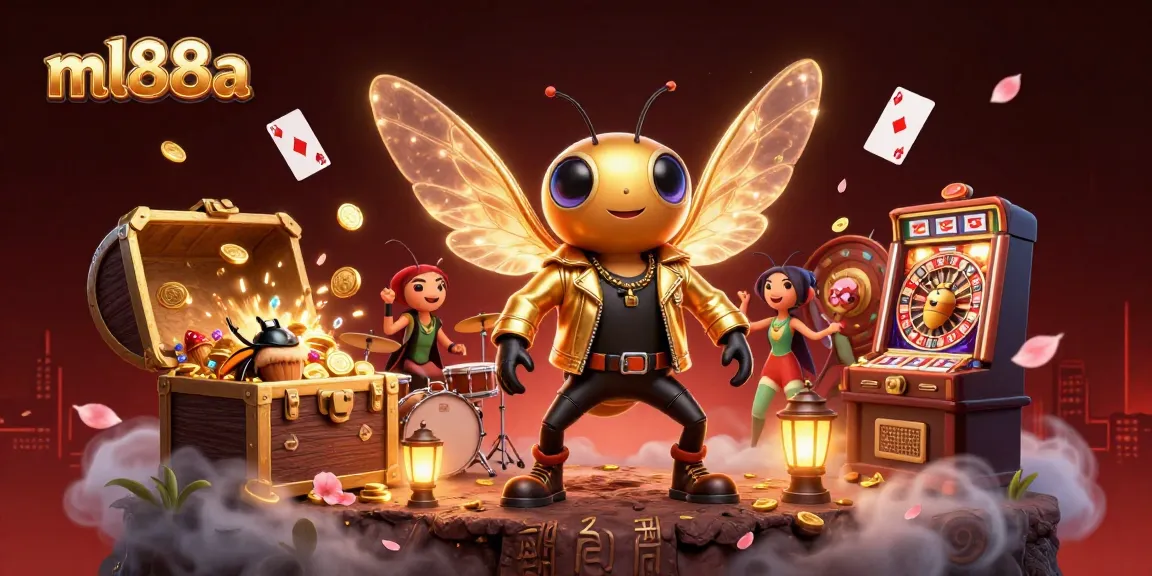 Experience the vibrant excitement of ml88a as a cicada rock star and friends celebrate gaming thrills.