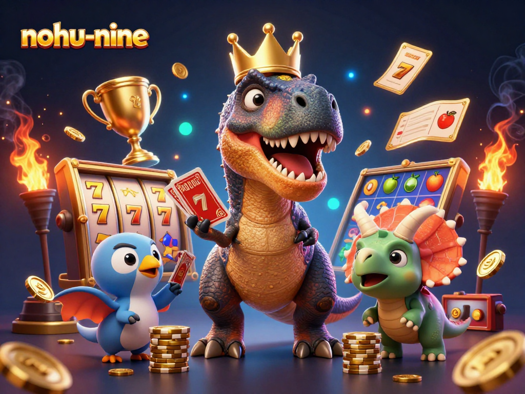 Nohu-nine game illustration featuring a T-Rex shuffling cards, a pterodactyl assisting, and a triceratops stacking chips amidst dynamic gaming elements.