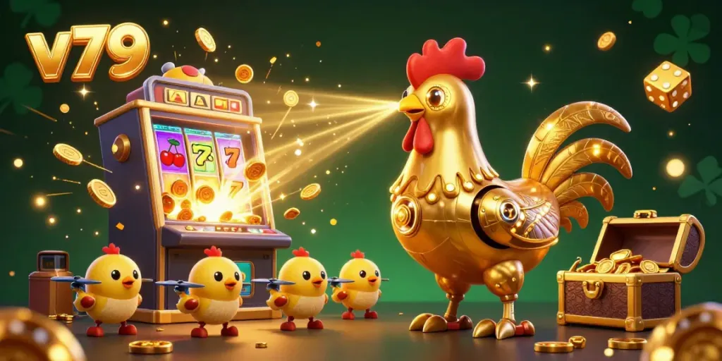 Engage in exciting jackpot fun with v79's golden rooster robot and baby chick drones in a vibrant casino illustration.