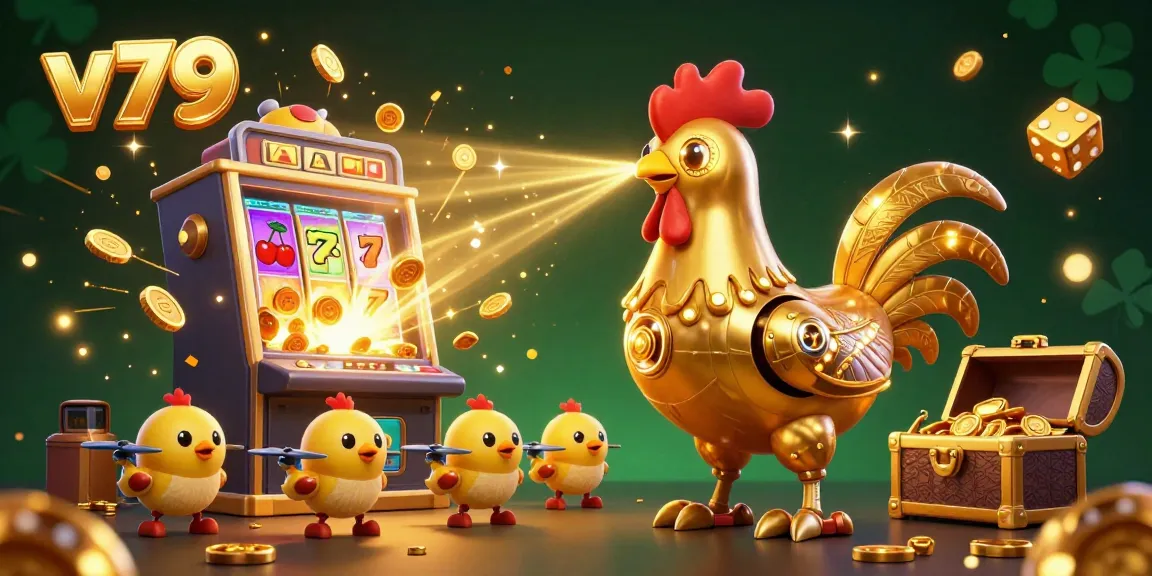 Engage in exciting jackpot fun with v79's golden rooster robot and baby chick drones in a vibrant casino illustration.