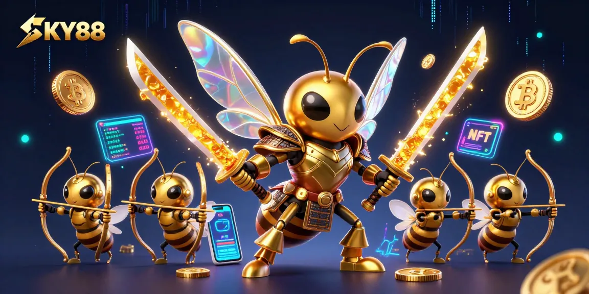 Engage in thrilling gaming with SKY88, featuring a vibrant 3D illustration of a golden samurai hornet.