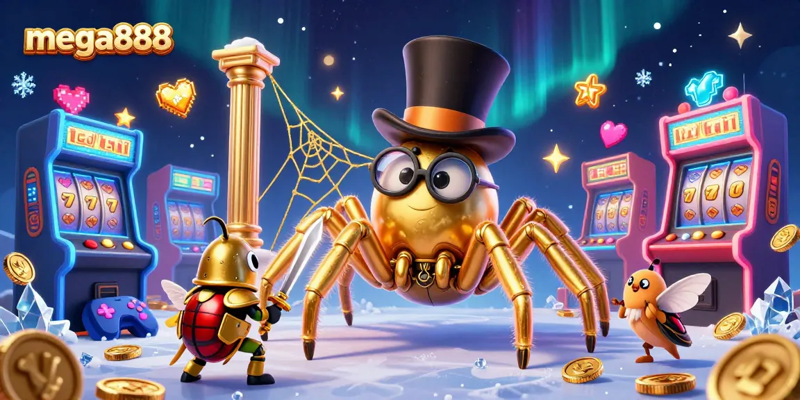 The mega888 casino scene showcases a colorful 3D illustration with characters engaging in winning processes.