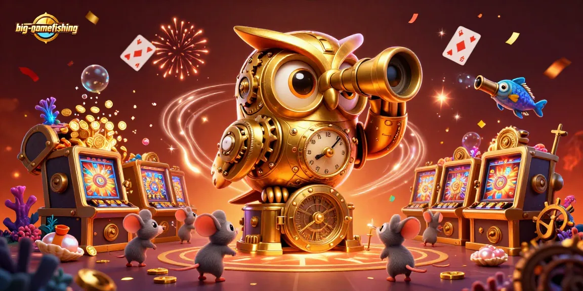 Engage in big-gamefishing fun as a golden owl oversees vibrant casino action with treasure