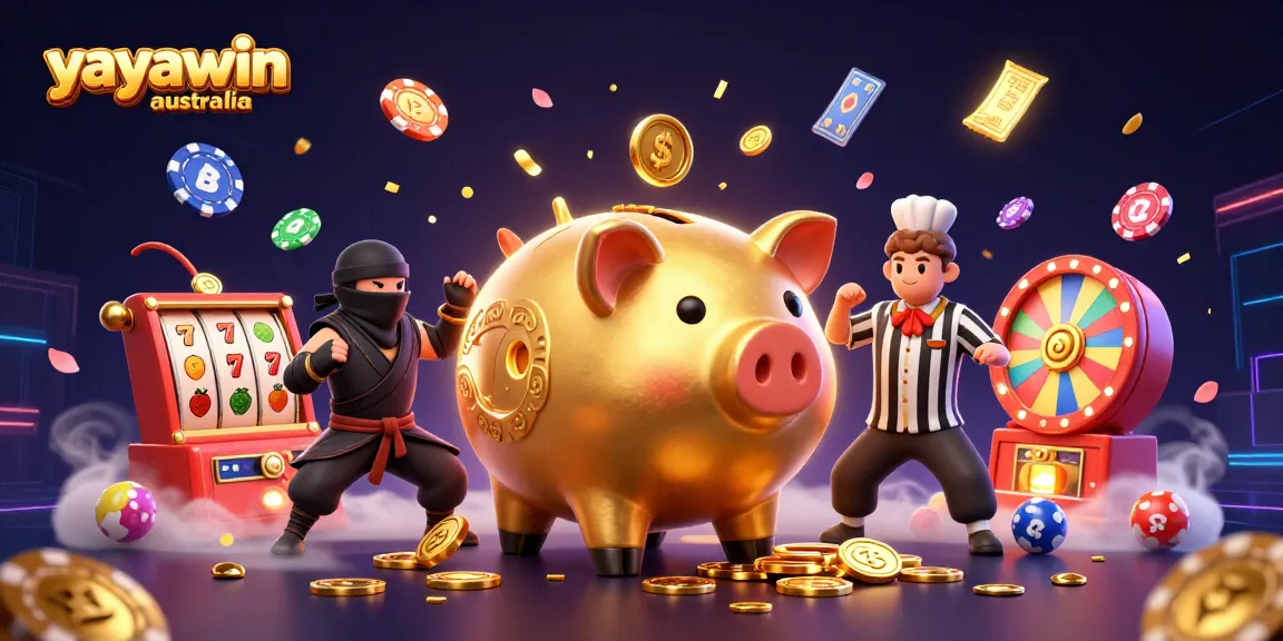 Experience the excitement of yayawin australia with slot reels, golden piggy sumo, and vibrant poker chips.