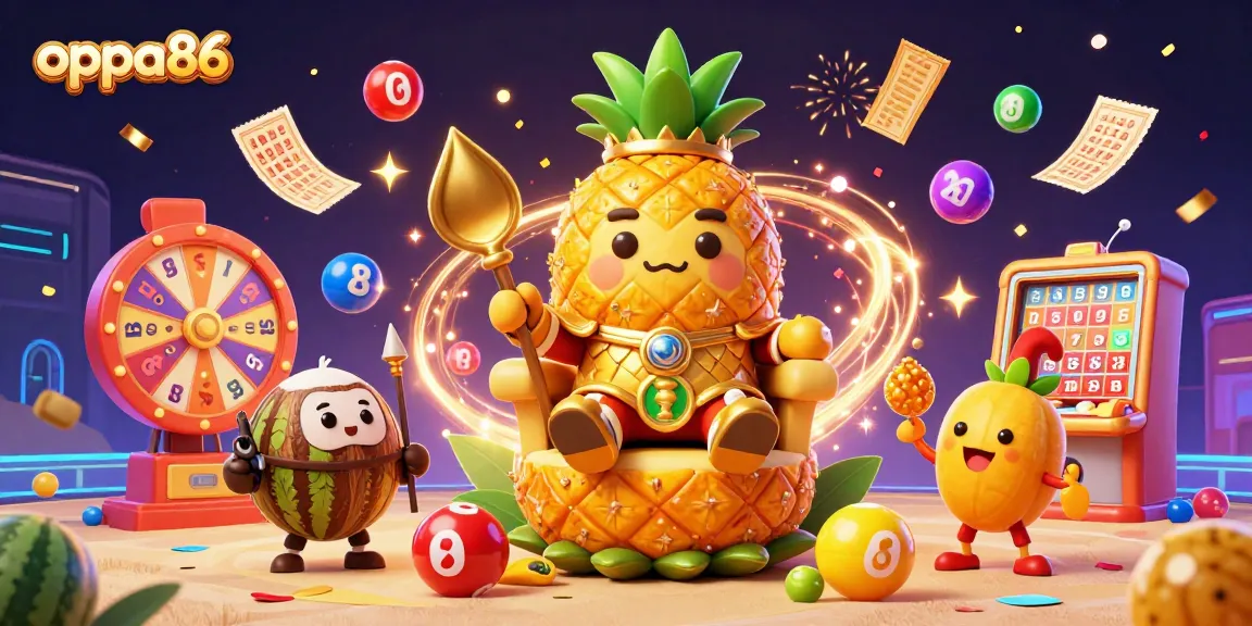 Engage in exciting lottery games with oppa86 in this vibrant 3D casino scene.