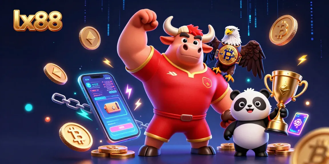 Experience the excitement at lx88 with a trio of animated mascots, showcasing victory and prizes!