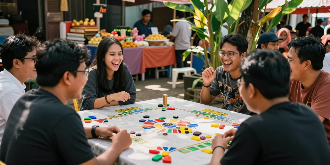 Permainan delapan toto di pasar lokal yang meriah dengan teman-teman.
