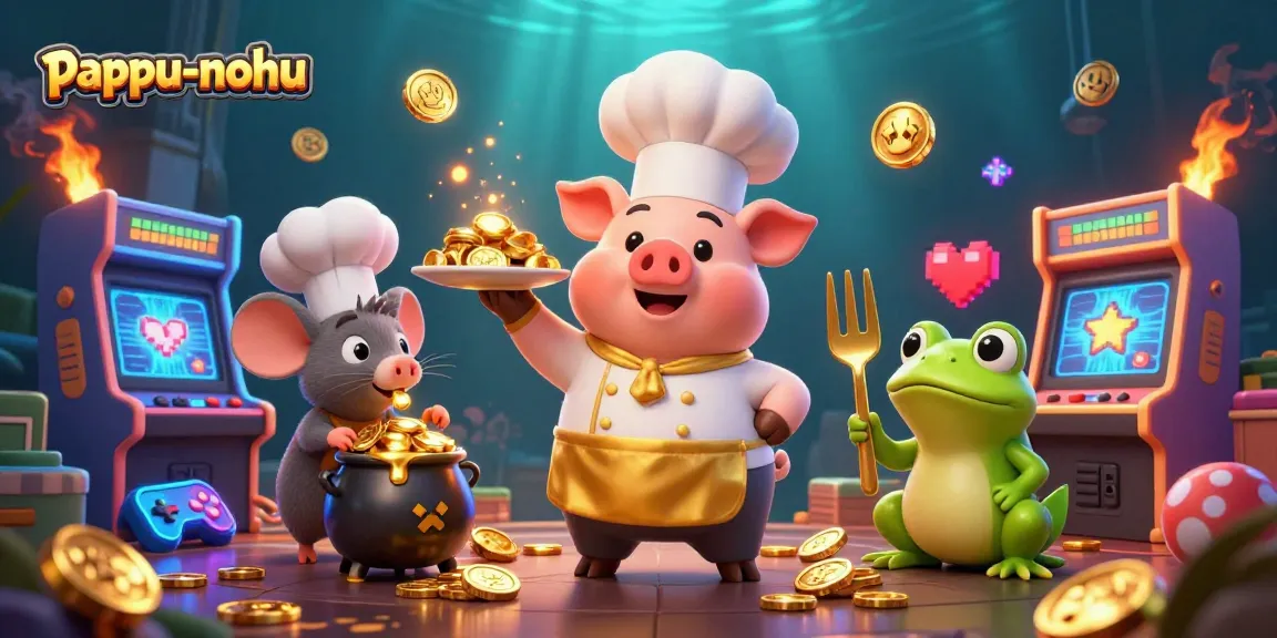 Join the excitement at pappu-nohu with dynamic characters serving gold coins amidst vibrant casino elements.