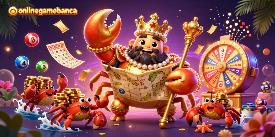 Engage with onlinegamebanca's thrilling lottery scene featuring a golden crab emperor surrounded by dynamic game elements.