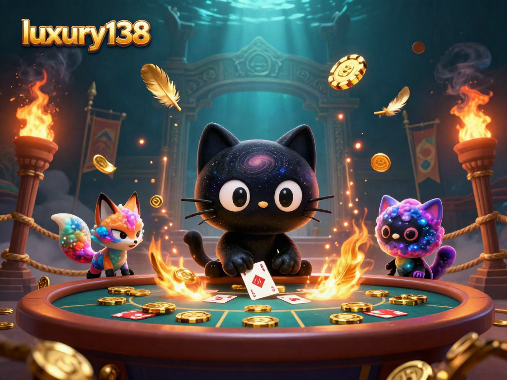 Luxury138 memikat pemain dengan ilustrasi kasino luar angkasa dan karakter unik seperti kucing kehilangan hitam.