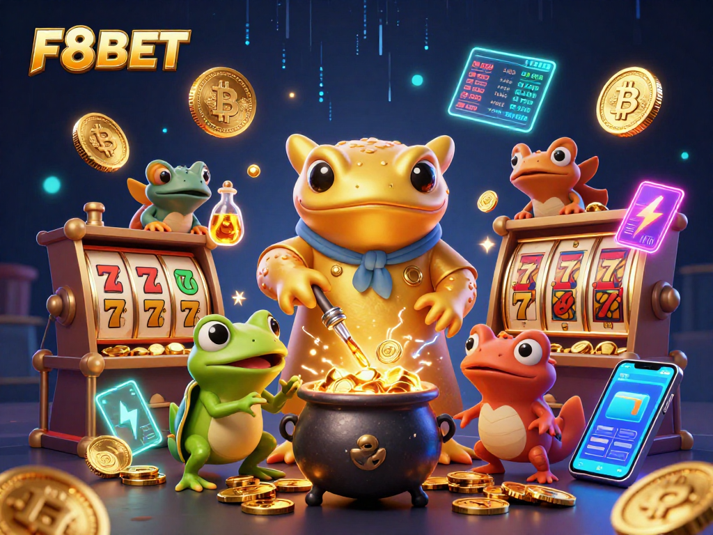 Experience F8BET with vibrant slot games and golden coins in an enchanting casino scene.