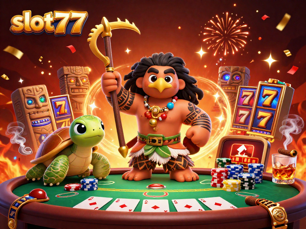 Experience the thrill of slot777 with a vibrant 3D cartoon gambling scene featuring lucky characters amidst golden jackpots.
