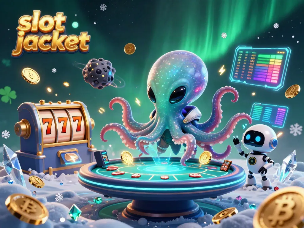 Spin the slot jackpot reels with a 3D cartoon alien octopus and robot in a cosmic casino.