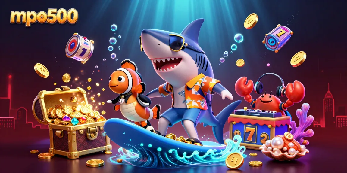 MPO500 drives thrilling action in a vibrant underwater gambling scene with slot reels and gold coins.