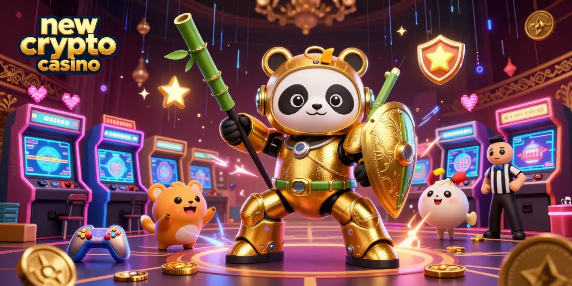 Juega en un nuevo crypto casino con un panda dorado en un robot de lucha rodeado de elementos de juegos arcade coloridos.