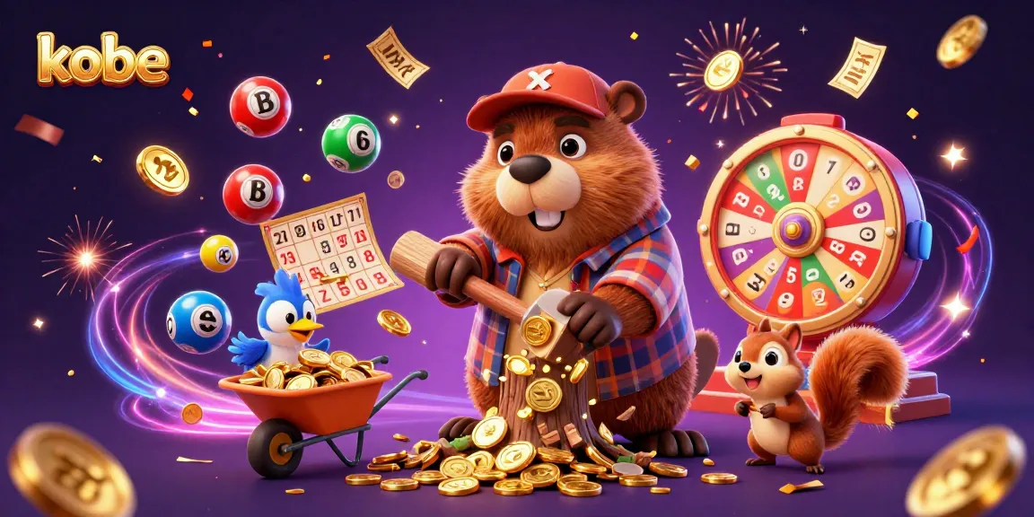 Kobe-inspired 3D cartoon illustration of a beaver and friends winning with golden coins and lottery elements.